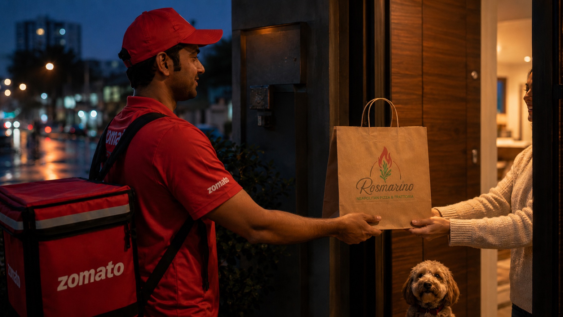 A Zomato delivery rider handing a Rosmarino paper bag to a guest at their door